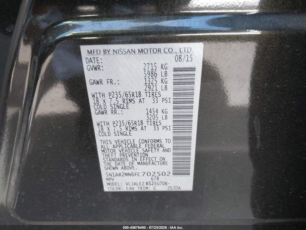 5N1AR2MN6FC702502 2015 NISSAN PATHFINDER photo no. 9
