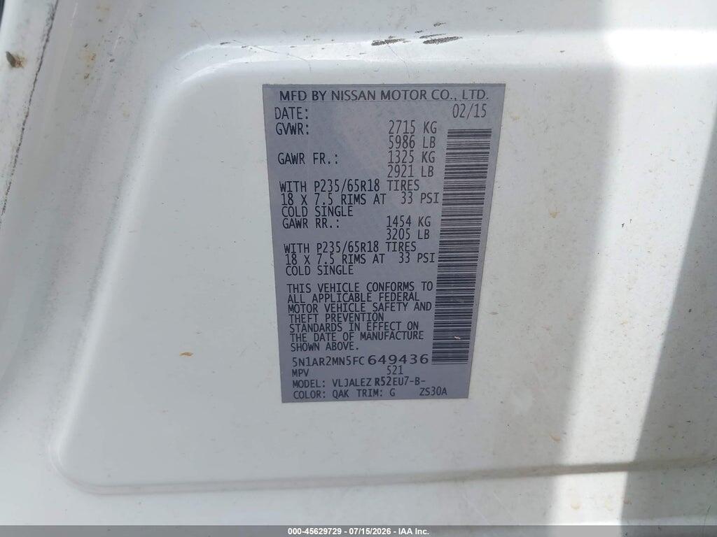 5N1AR2MN5FC649436 2015 NISSAN PATHFINDER photo no. 9