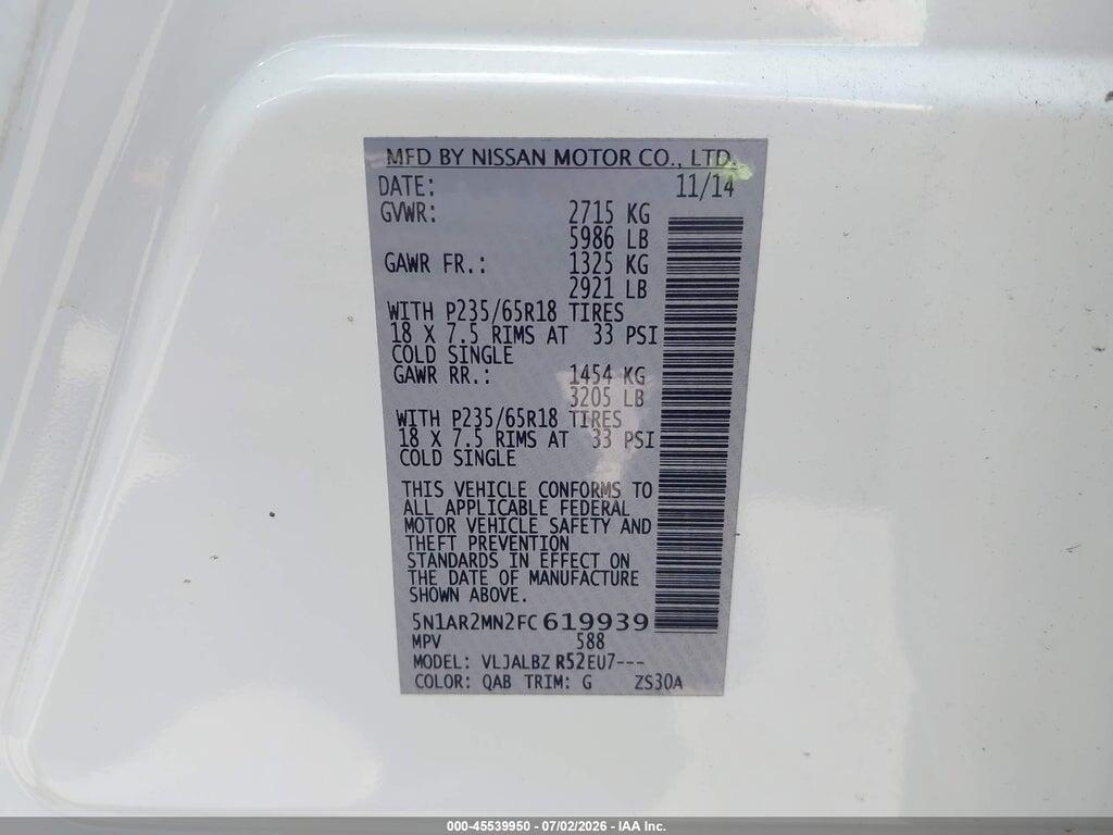 5N1AR2MN2FC619939 2015 NISSAN PATHFINDER photo no. 9