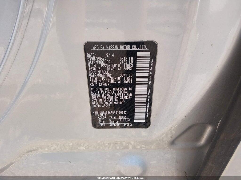 JN8AE2KP8F9120892 2015 NISSAN QUEST photo no. 9
