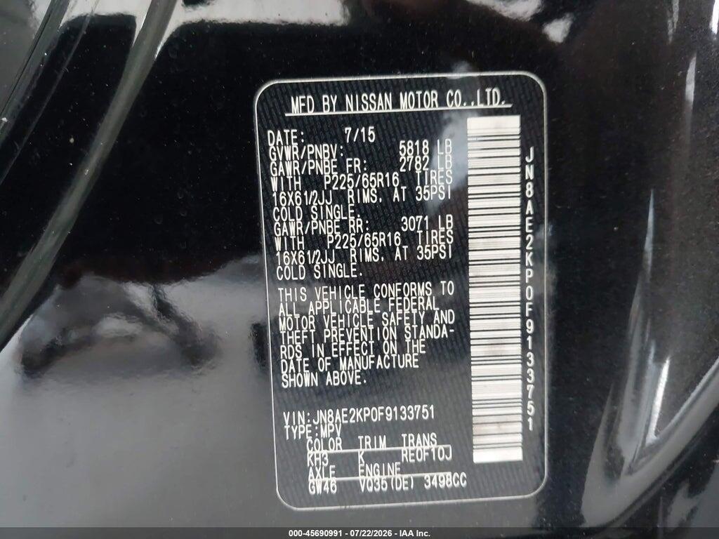 JN8AE2KP0F9133751 2015 NISSAN QUEST photo no. 9