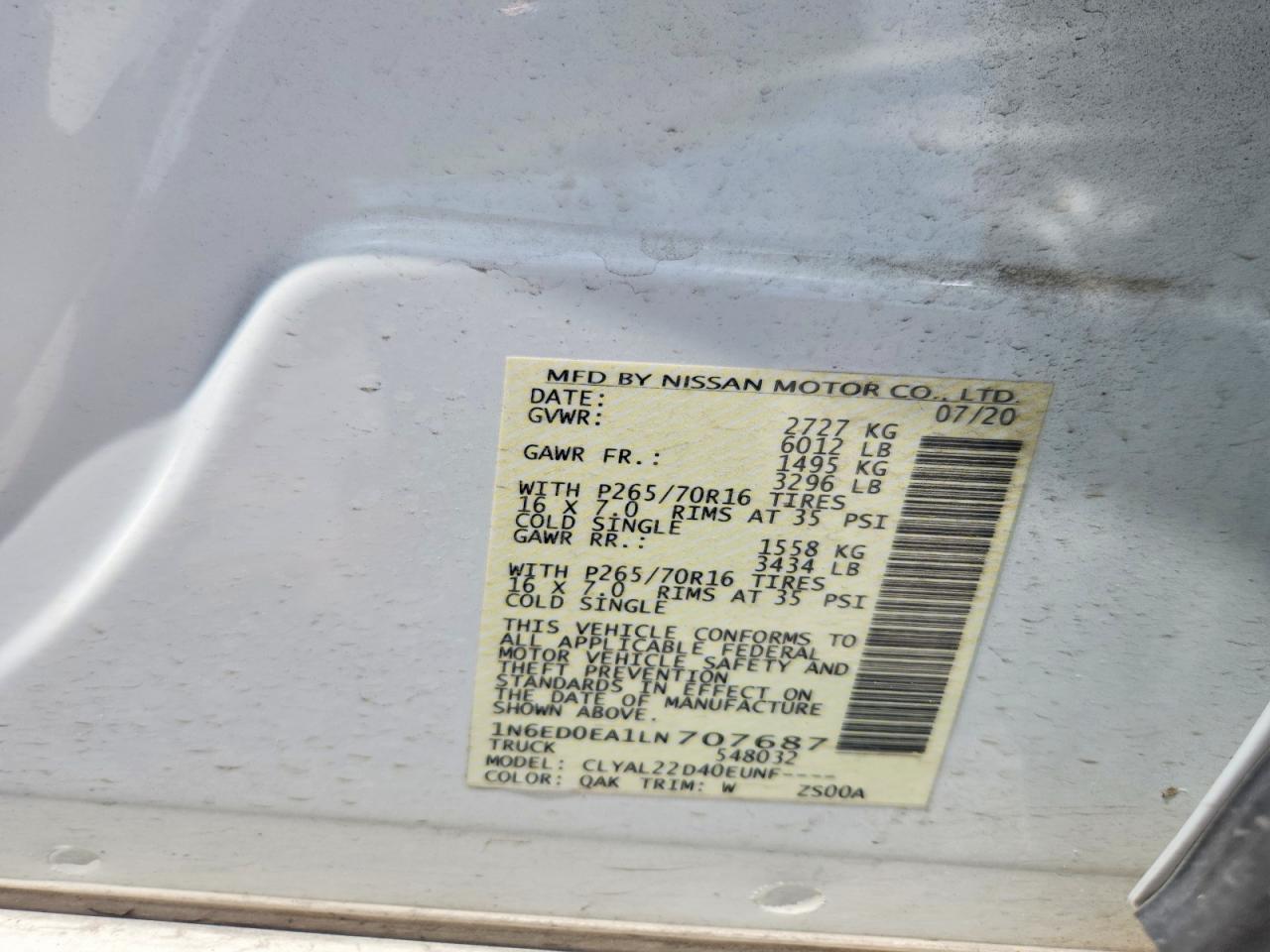 1N6ED0EA1LN707687 2020 NISSAN FRONTIER photo no. 12