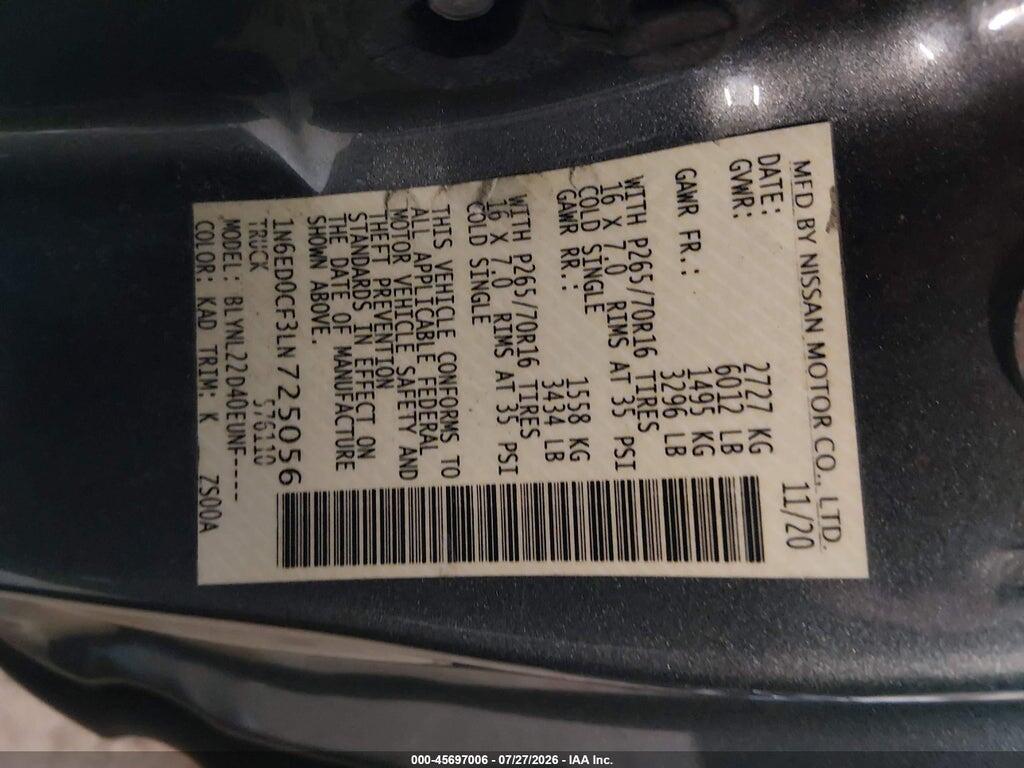 1N6ED0CF3LN725056 2020 NISSAN FRONTIER photo no. 9