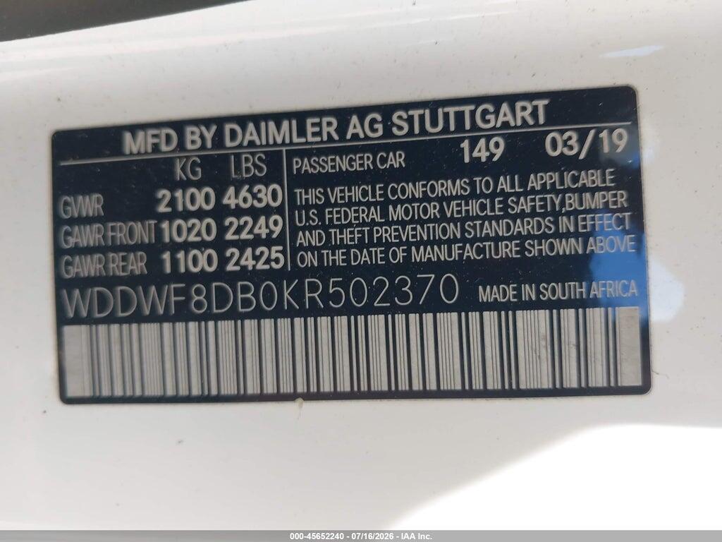 WDDWF8DB0KR502370 2019 MERCEDES-BENZ C 300 photo no. 9