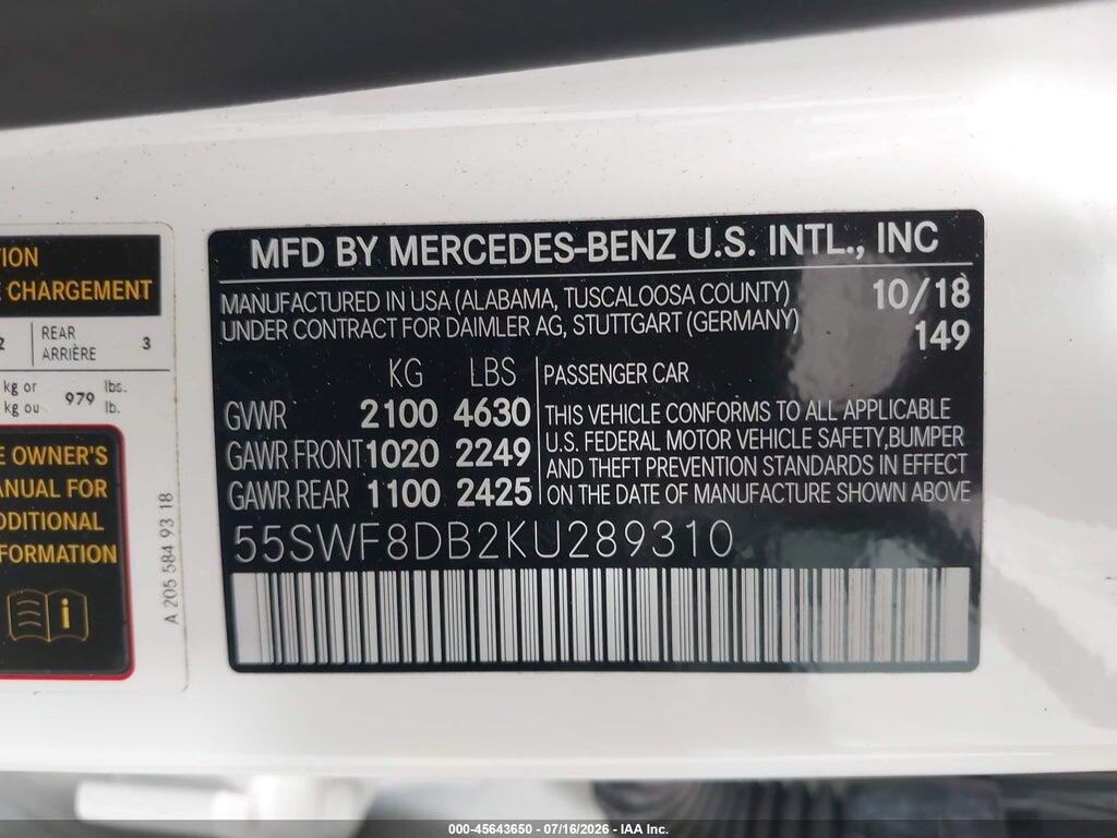 55SWF8DB2KU289310 2019 MERCEDES-BENZ C 300 photo no. 9
