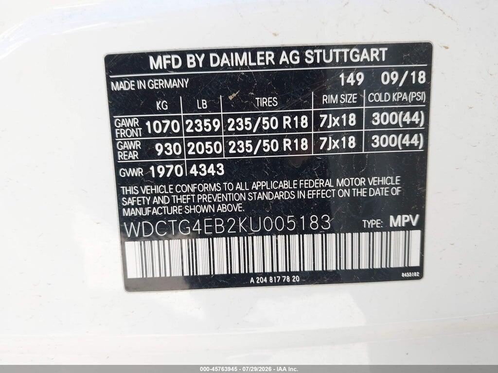 WDCTG4EB2KU005183 2019 MERCEDES-BENZ GLA 250 photo no. 9