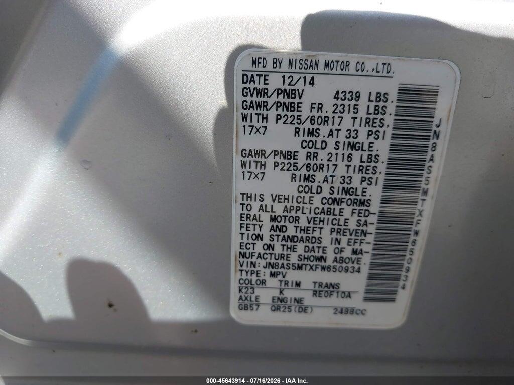 JN8AS5MTXFW650934 2015 NISSAN ROGUE SELECT photo no. 9