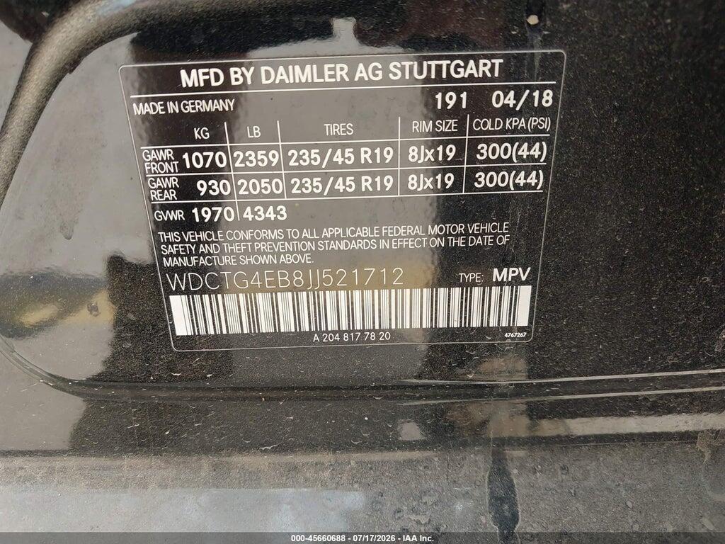 WDCTG4EB8JJ521712 2018 MERCEDES-BENZ GLA 250 photo no. 9