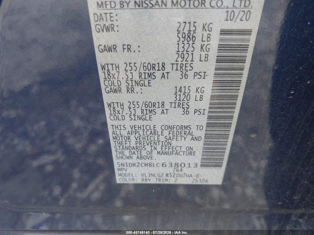 5N1DR2CM8LC638013 2020 NISSAN PATHFINDER photo no. 8