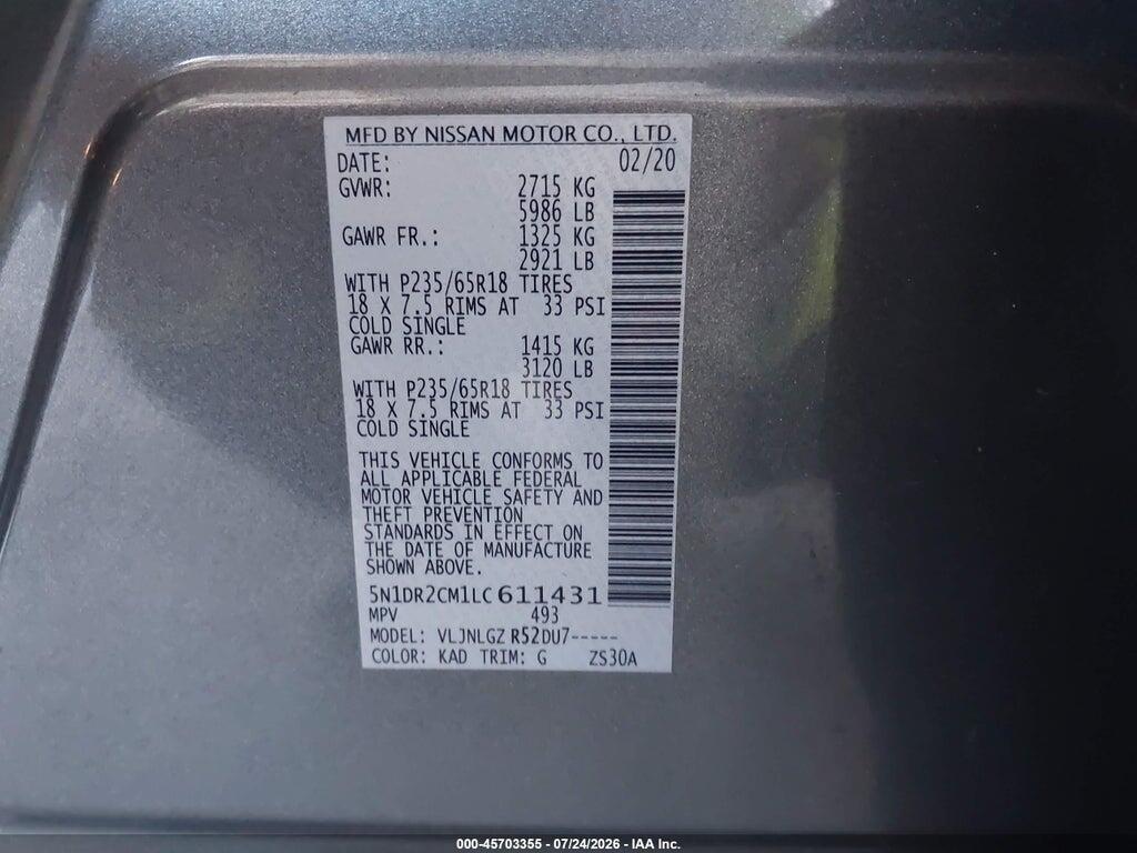 5N1DR2CM1LC611431 2020 NISSAN PATHFINDER photo no. 9