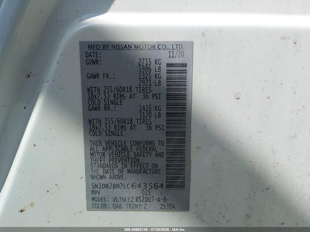 5N1DR2BM2LC643564 2020 NISSAN PATHFINDER photo no. 9