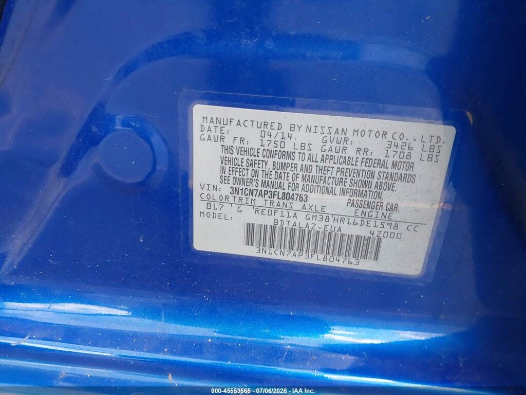 3N1CN7AP3FL804763 2015 NISSAN VERSA photo no. 9