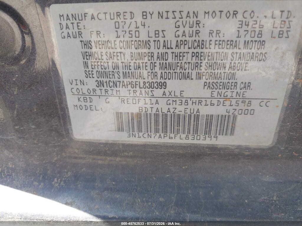3N1CN7AP6FL830399 2015 NISSAN VERSA photo no. 9
