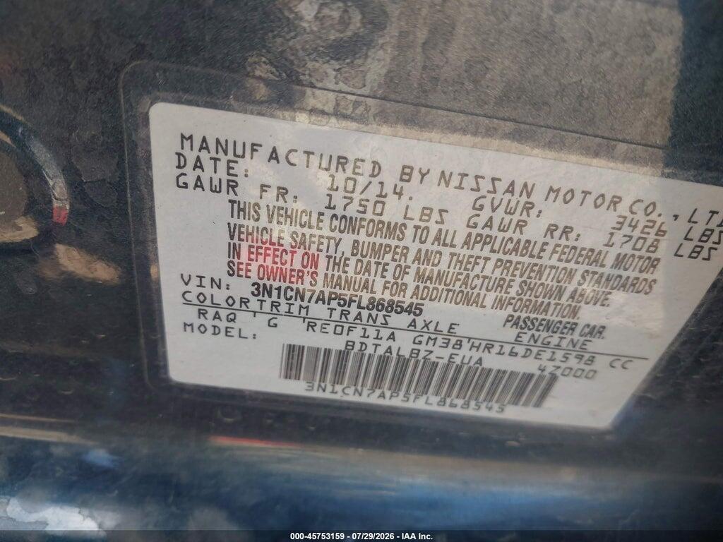 3N1CN7AP5FL868545 2015 NISSAN VERSA photo no. 9