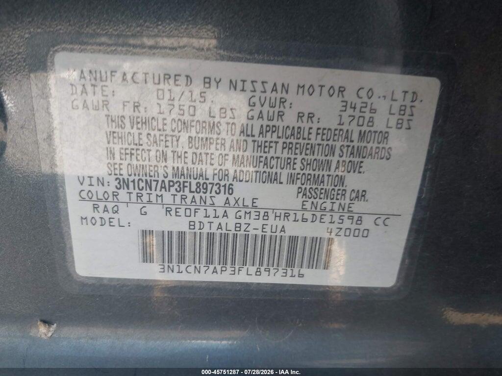 3N1CN7AP3FL897316 2015 NISSAN VERSA photo no. 9