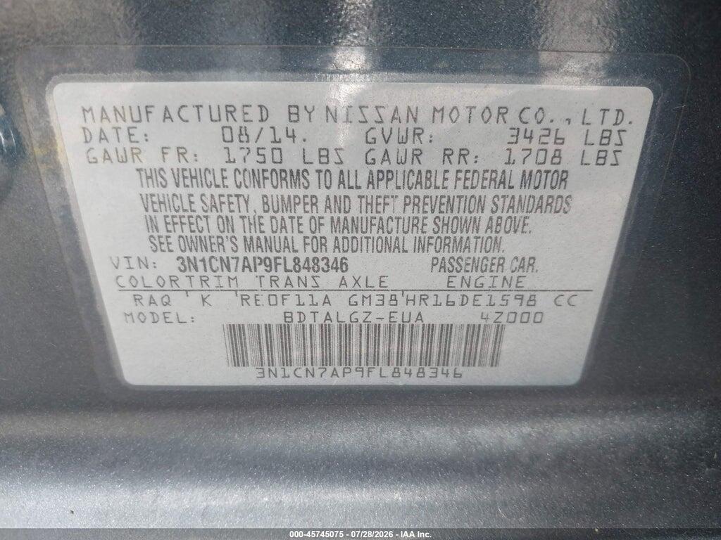 3N1CN7AP9FL848346 2015 NISSAN VERSA photo no. 9