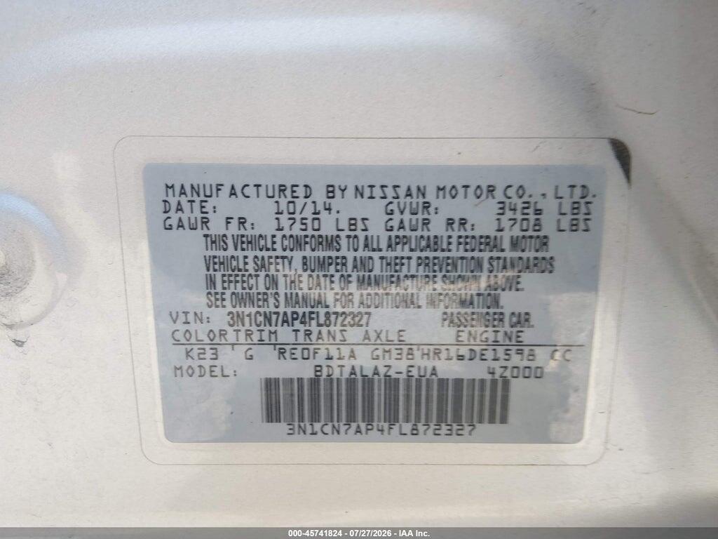 3N1CN7AP4FL872327 2015 NISSAN VERSA photo no. 8