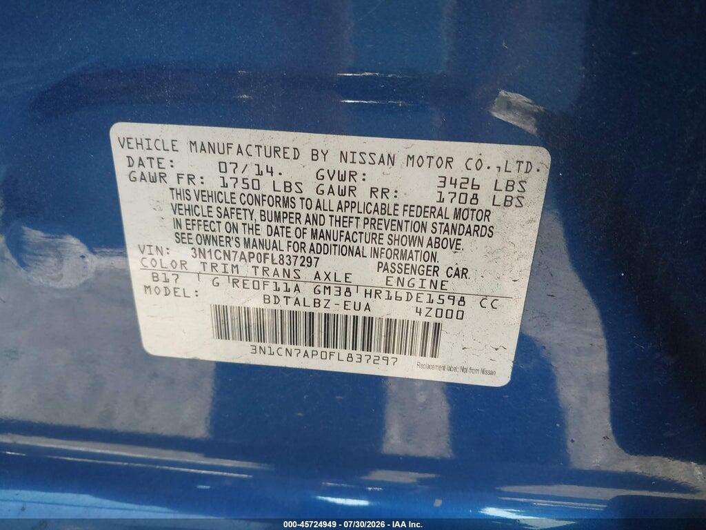 3N1CN7AP0FL837297 2015 NISSAN VERSA photo no. 9