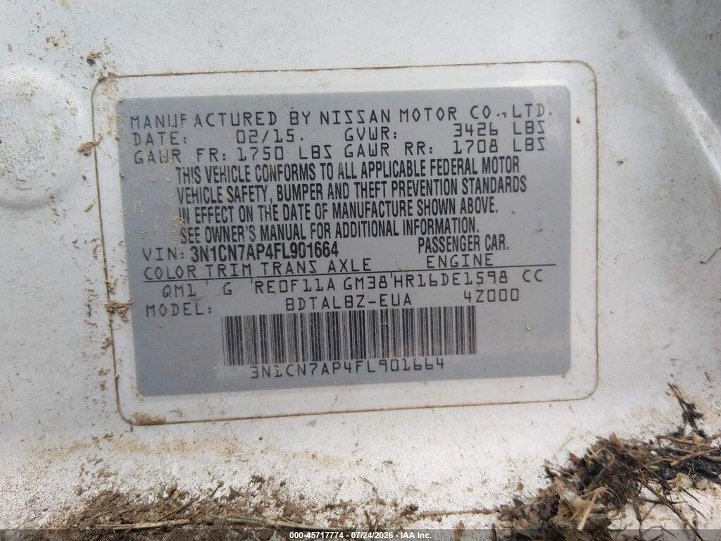 3N1CN7AP4FL901664 2015 NISSAN VERSA photo no. 9