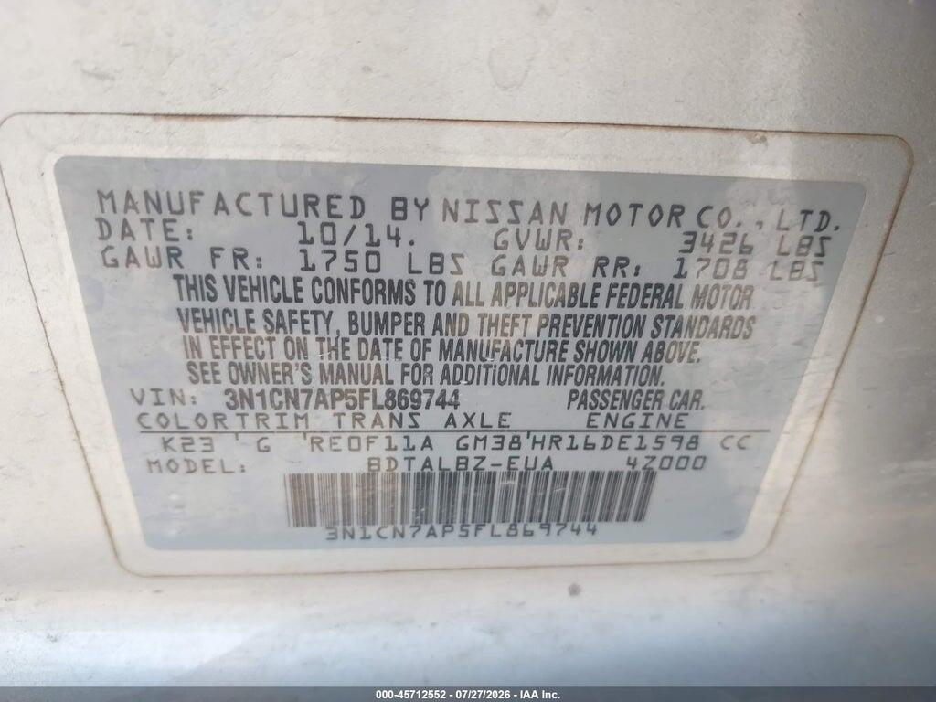 3N1CN7AP5FL869744 2015 NISSAN VERSA photo no. 9