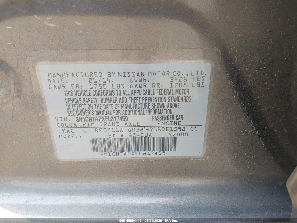 3N1CN7APXFL817459 2015 NISSAN VERSA photo no. 9