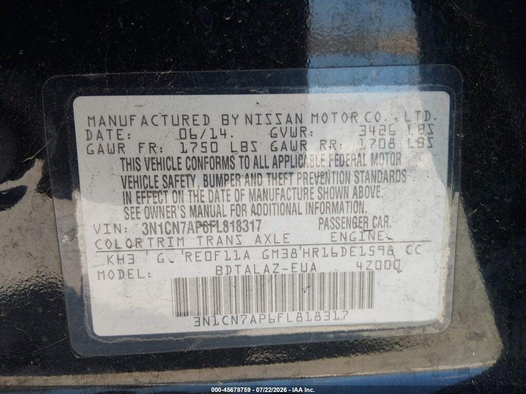 3N1CN7AP6FL818317 2015 NISSAN VERSA photo no. 9