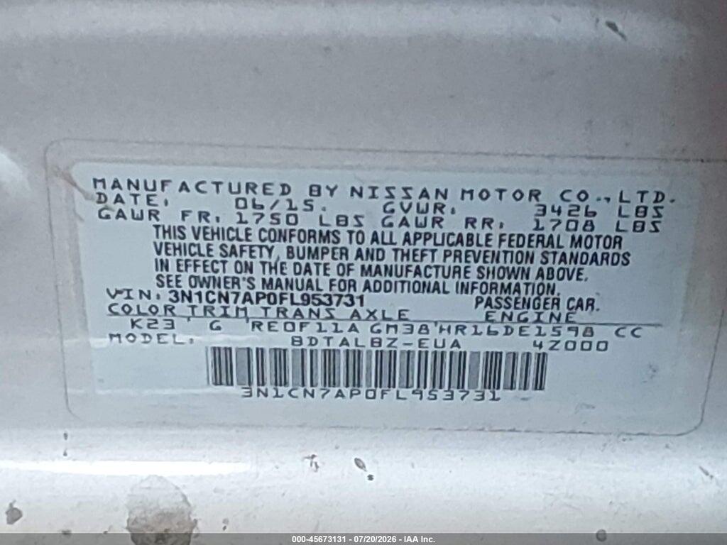 3N1CN7AP0FL953731 2015 NISSAN VERSA photo no. 9