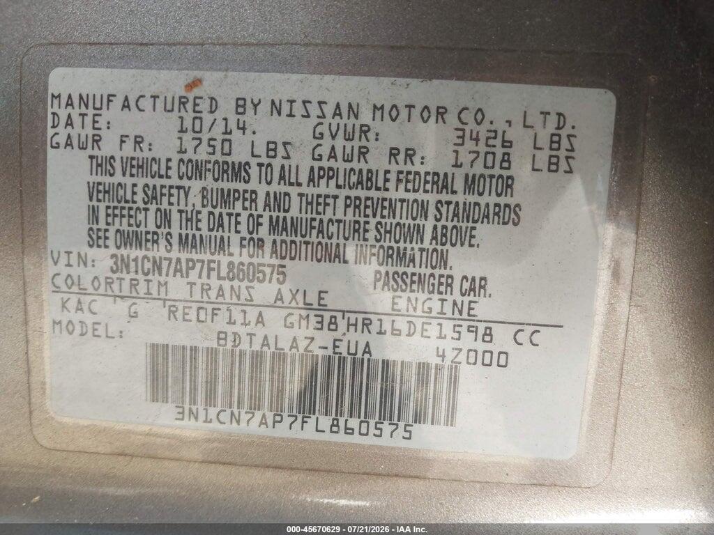 3N1CN7AP7FL860575 2015 NISSAN VERSA photo no. 9