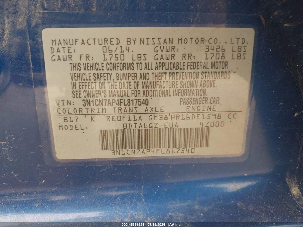 3N1CN7AP4FL817540 2015 NISSAN VERSA photo no. 9
