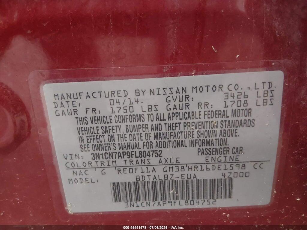 3N1CN7AP9FL804752 2015 NISSAN VERSA photo no. 9