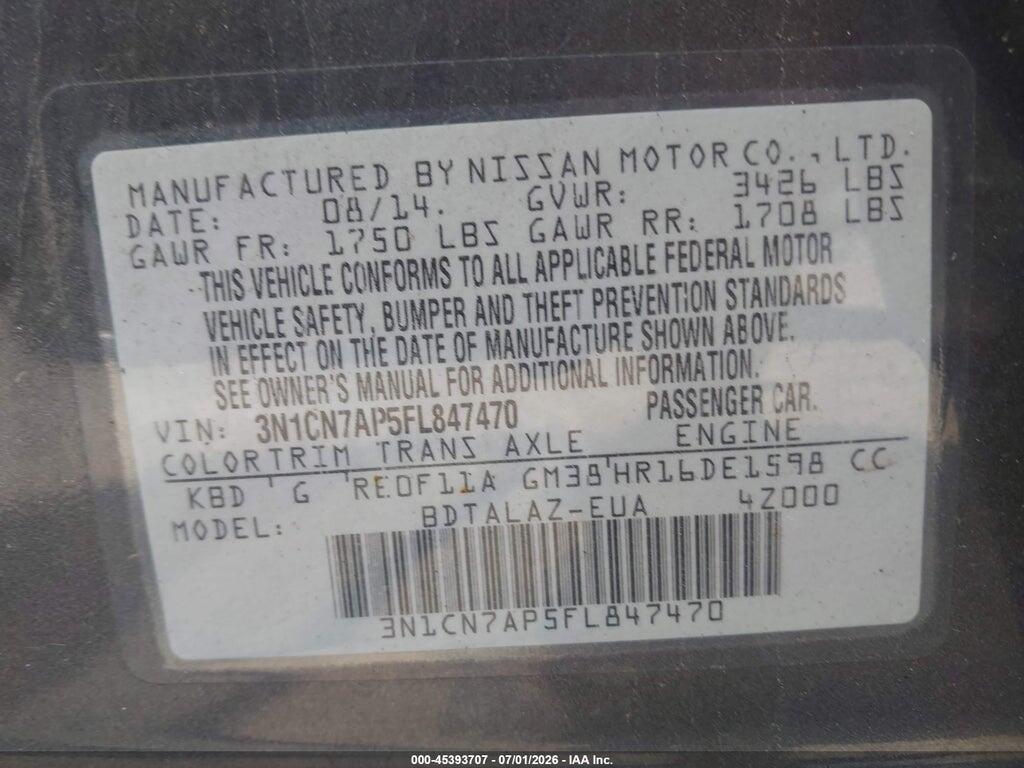 3N1CN7AP5FL847470 2015 NISSAN VERSA photo no. 9