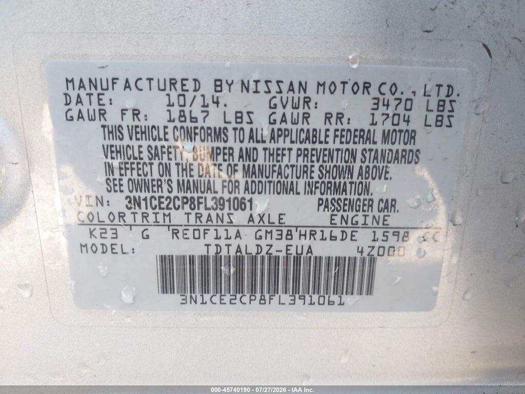 3N1CE2CP8FL391061 2015 NISSAN VERSA NOTE photo no. 9