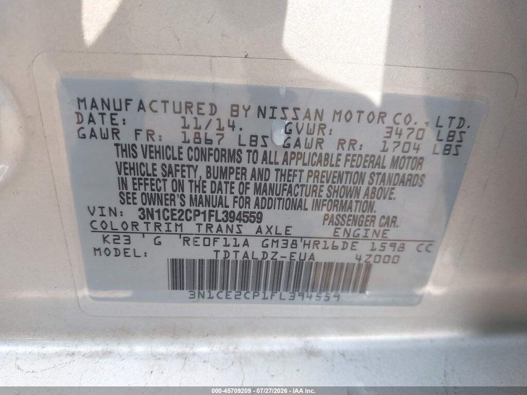 3N1CE2CP1FL394559 2015 NISSAN VERSA NOTE photo no. 9