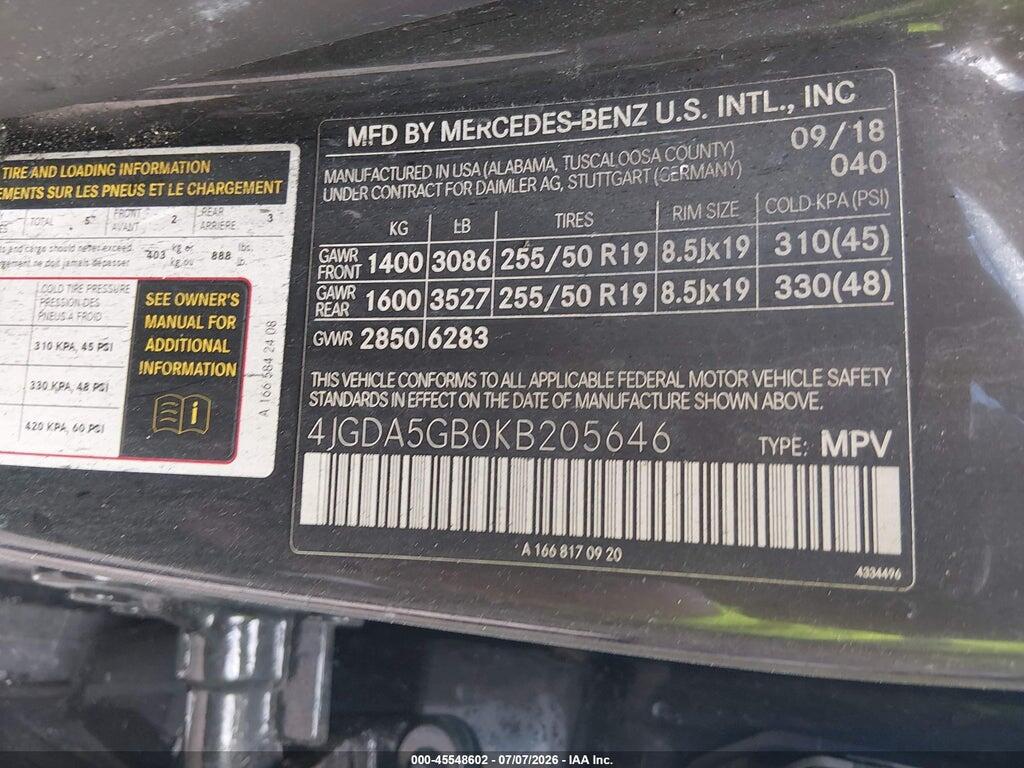4JGDA5GB0KB205646 2019 MERCEDES-BENZ GLE 400 photo no. 9