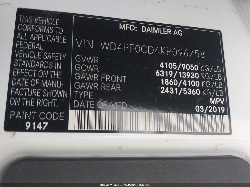 WD4PF0CD4KP096758 2019 MERCEDES-BENZ SPRINTER 2500 photo no. 9