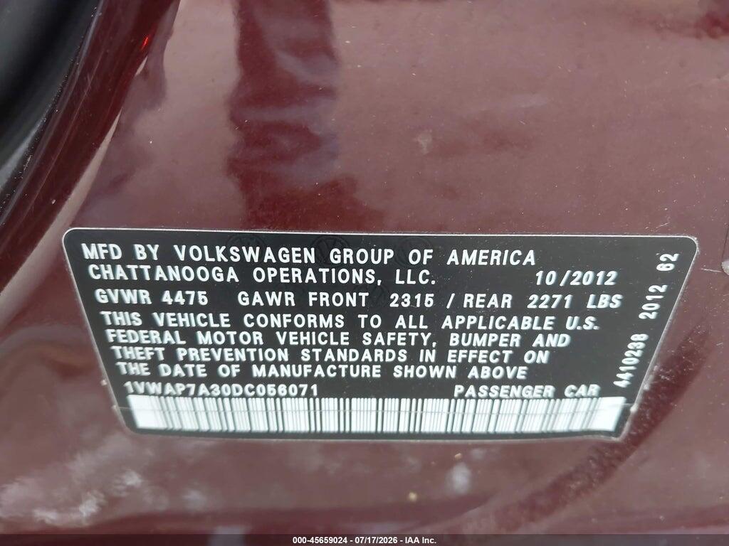 1VWAP7A30DC056071 2013 VOLKSWAGEN PASSAT photo no. 9