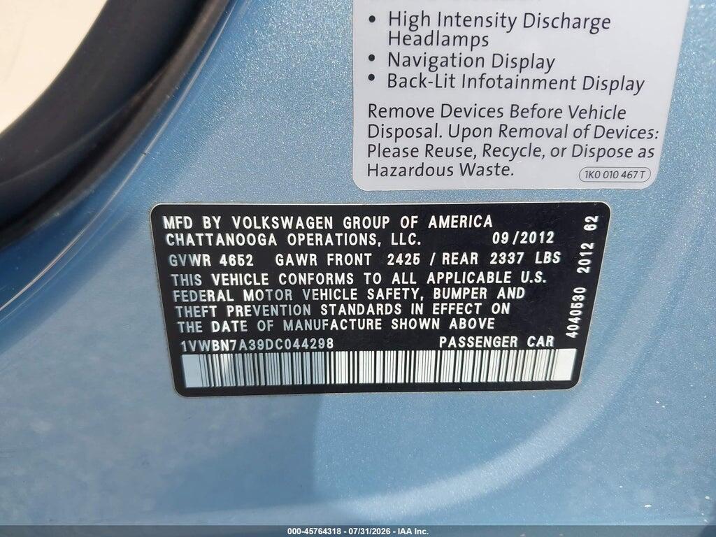 1VWBN7A39DC044298 2013 VOLKSWAGEN PASSAT photo no. 9