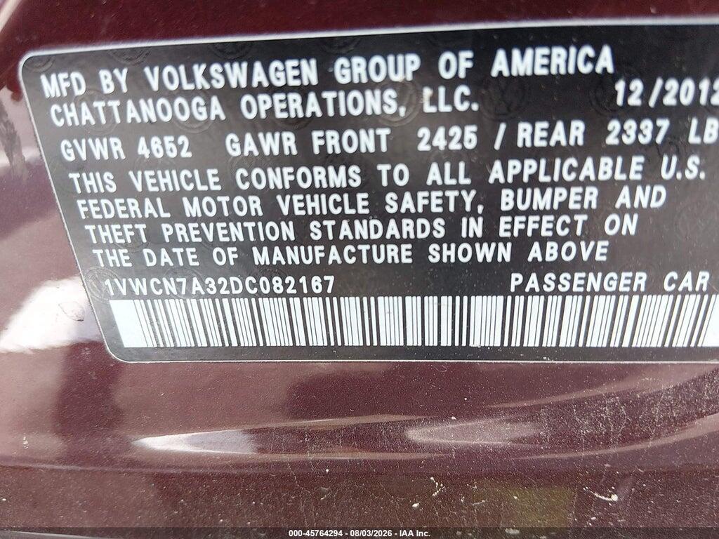 1VWCN7A32DC082167 2013 VOLKSWAGEN PASSAT photo no. 9