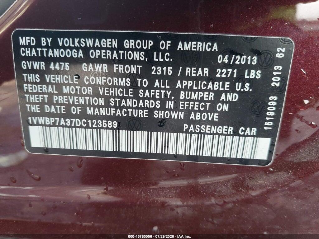 1VWBP7A37DC123589 2013 VOLKSWAGEN PASSAT photo no. 9