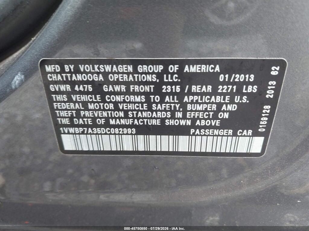 1VWBP7A35DC082993 2013 VOLKSWAGEN PASSAT photo no. 9