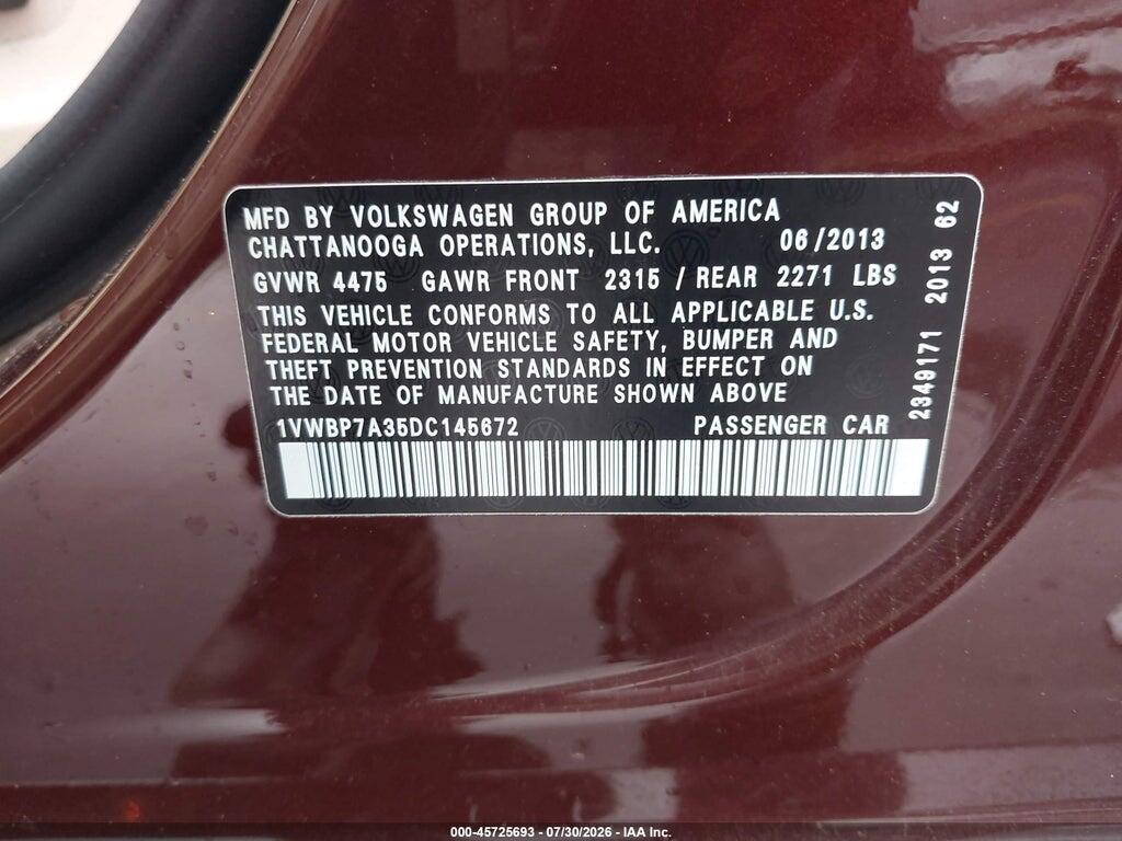 1VWBP7A35DC145672 2013 VOLKSWAGEN PASSAT photo no. 9