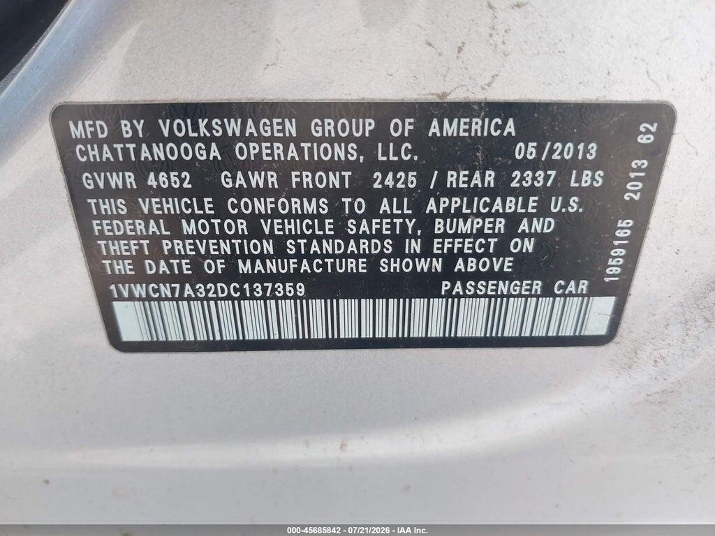 1VWCN7A32DC137359 2013 VOLKSWAGEN PASSAT photo no. 9
