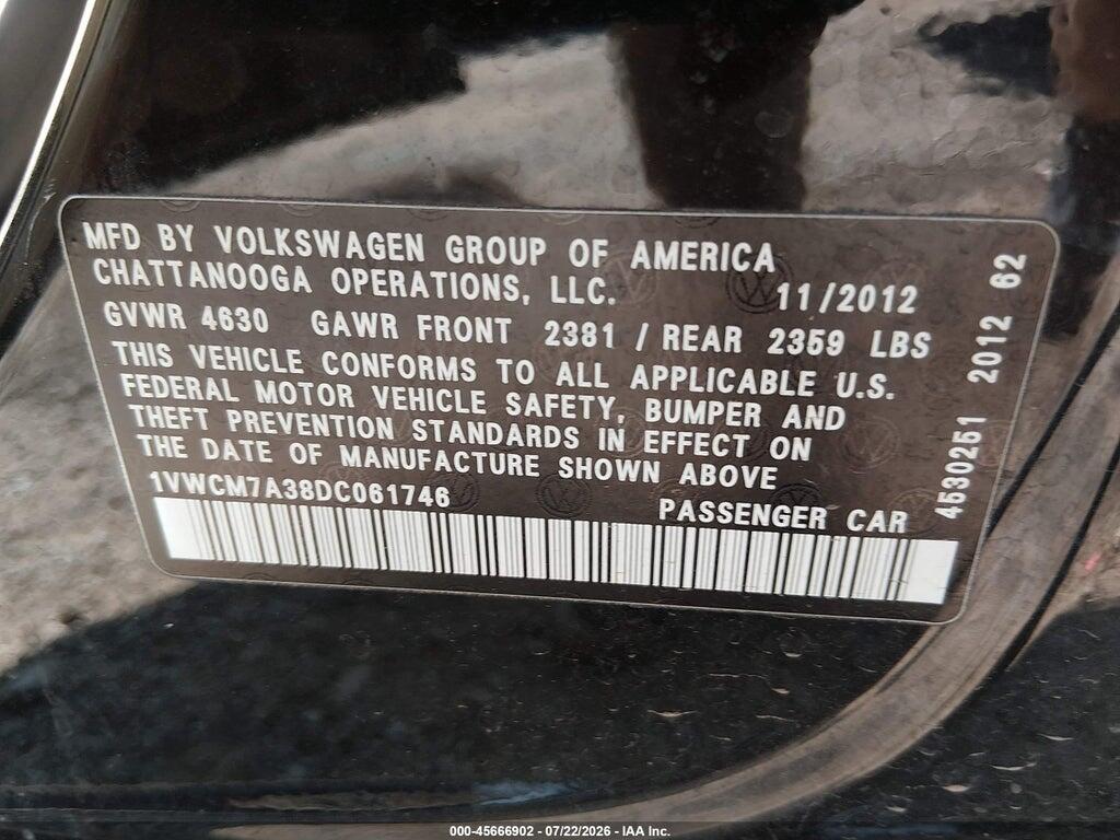 1VWCM7A38DC061746 2013 VOLKSWAGEN PASSAT photo no. 9