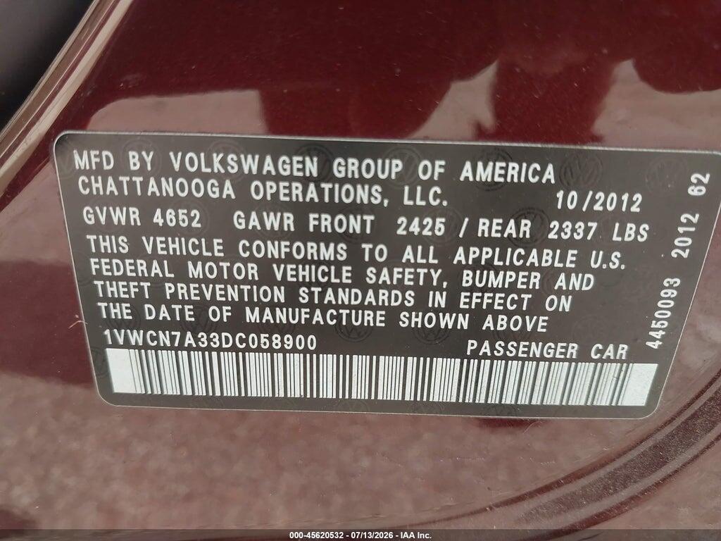 1VWCN7A33DC058900 2013 VOLKSWAGEN PASSAT photo no. 9