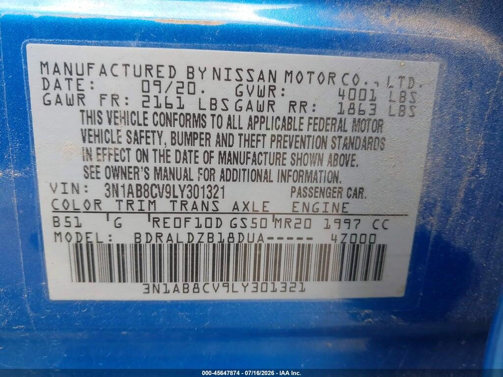 3N1AB8CV9LY301321 2020 NISSAN SENTRA photo no. 9