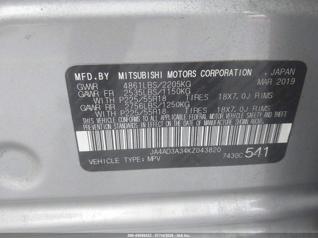 JA4AD3A34KZ043820 2019 MITSUBISHI OUTLANDER photo no. 9