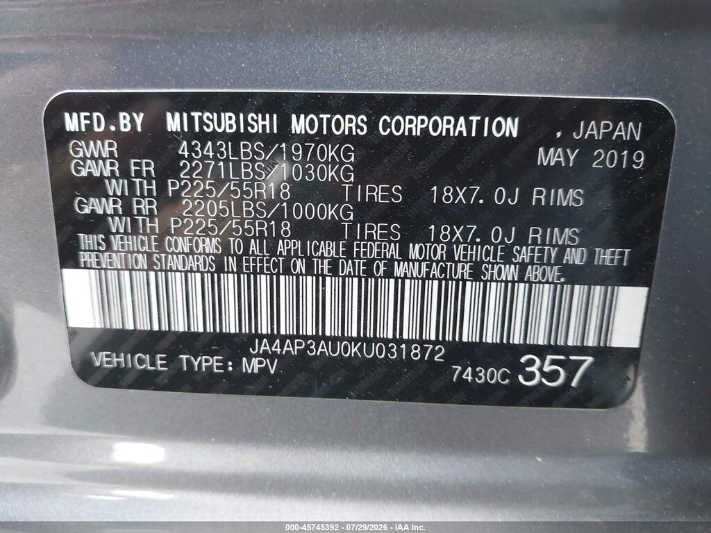JA4AP3AU0KU031872 2019 MITSUBISHI OUTLANDER SPORT photo no. 9