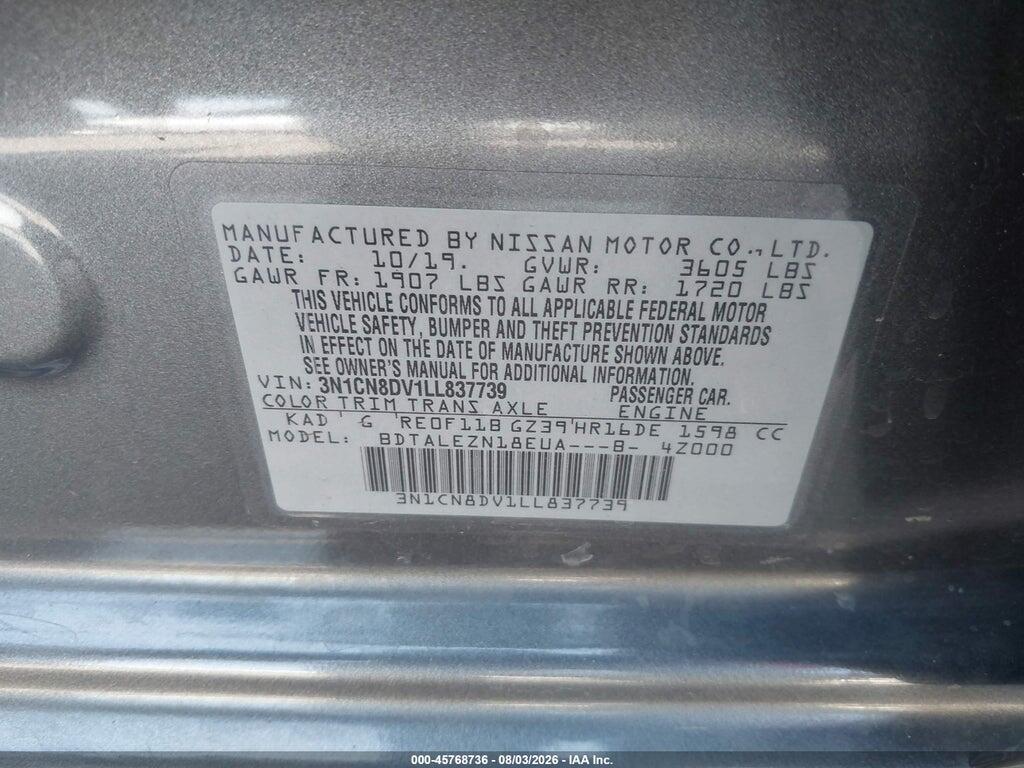3N1CN8DV1LL837739 2020 NISSAN VERSA photo no. 9