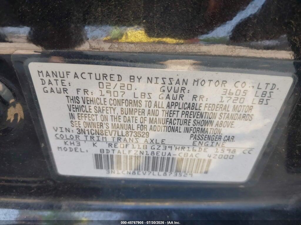 3N1CN8EV7LL873529 2020 NISSAN VERSA photo no. 9
