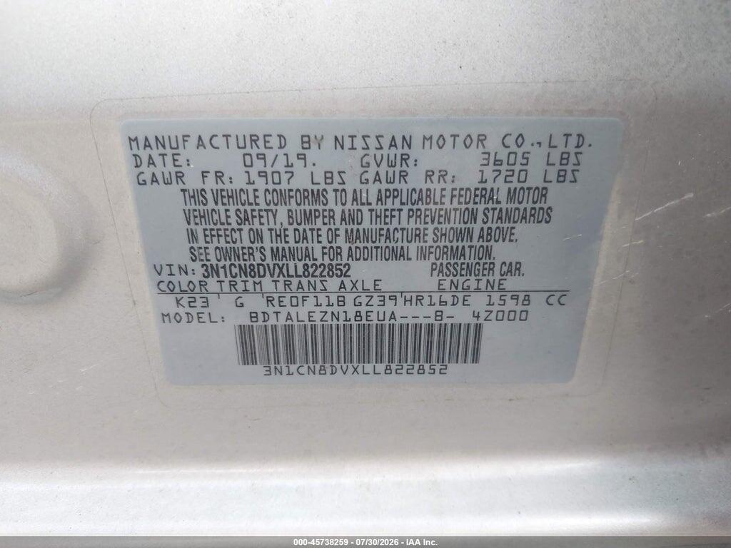3N1CN8DVXLL822852 2020 NISSAN VERSA photo no. 9